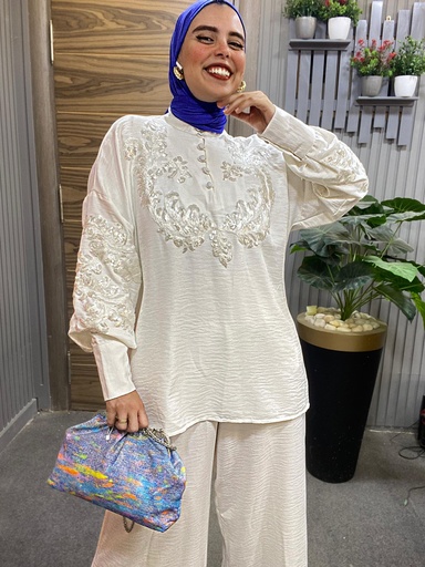 Linen Sequin and Embroidery Woven Pants-Set